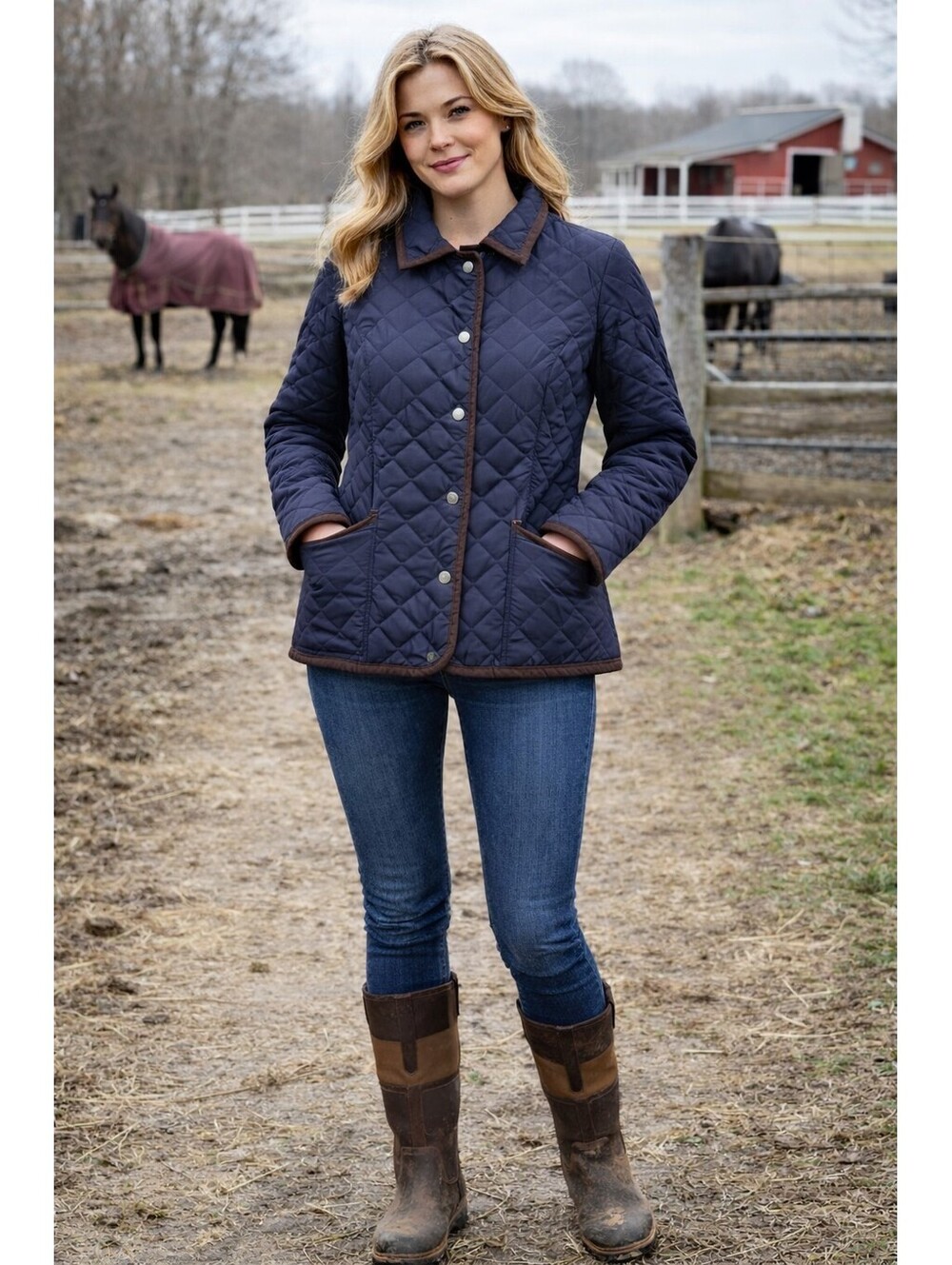 Barn Jacket Coat Womens Medium Black Quilted Snap Front Pockets Classic Urban